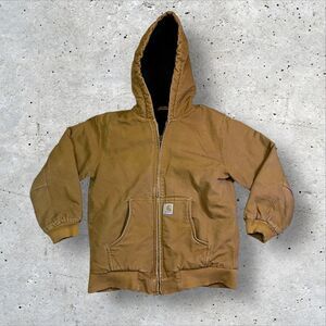 Carhartt Jacket Youth Large Tan Duck Canvas Insulated Quilt Lined Full Zip Hood